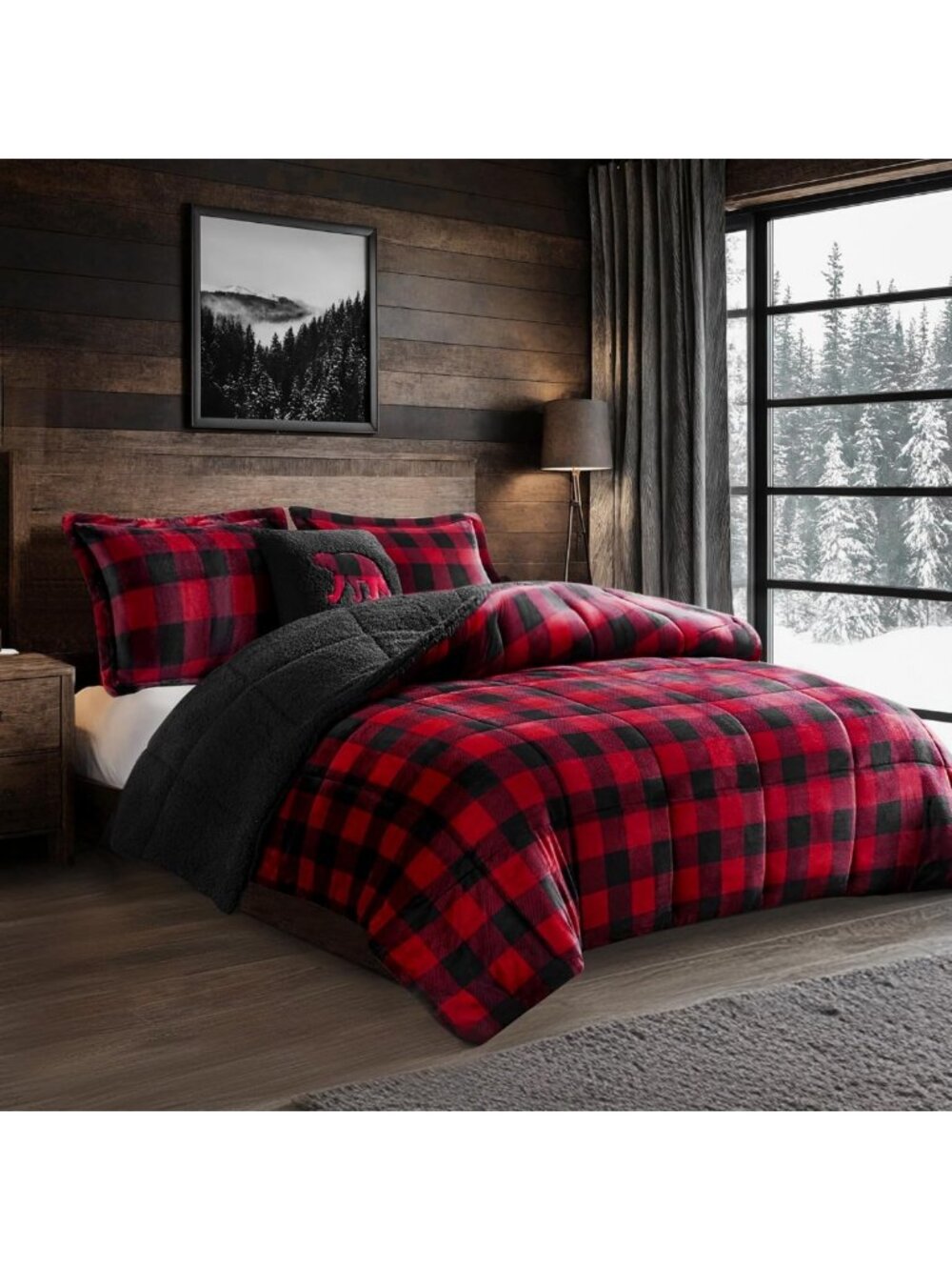 Cozy Reversible Sherpa King Comforter Set, Soft Plush Red & Black 4PC Bedding